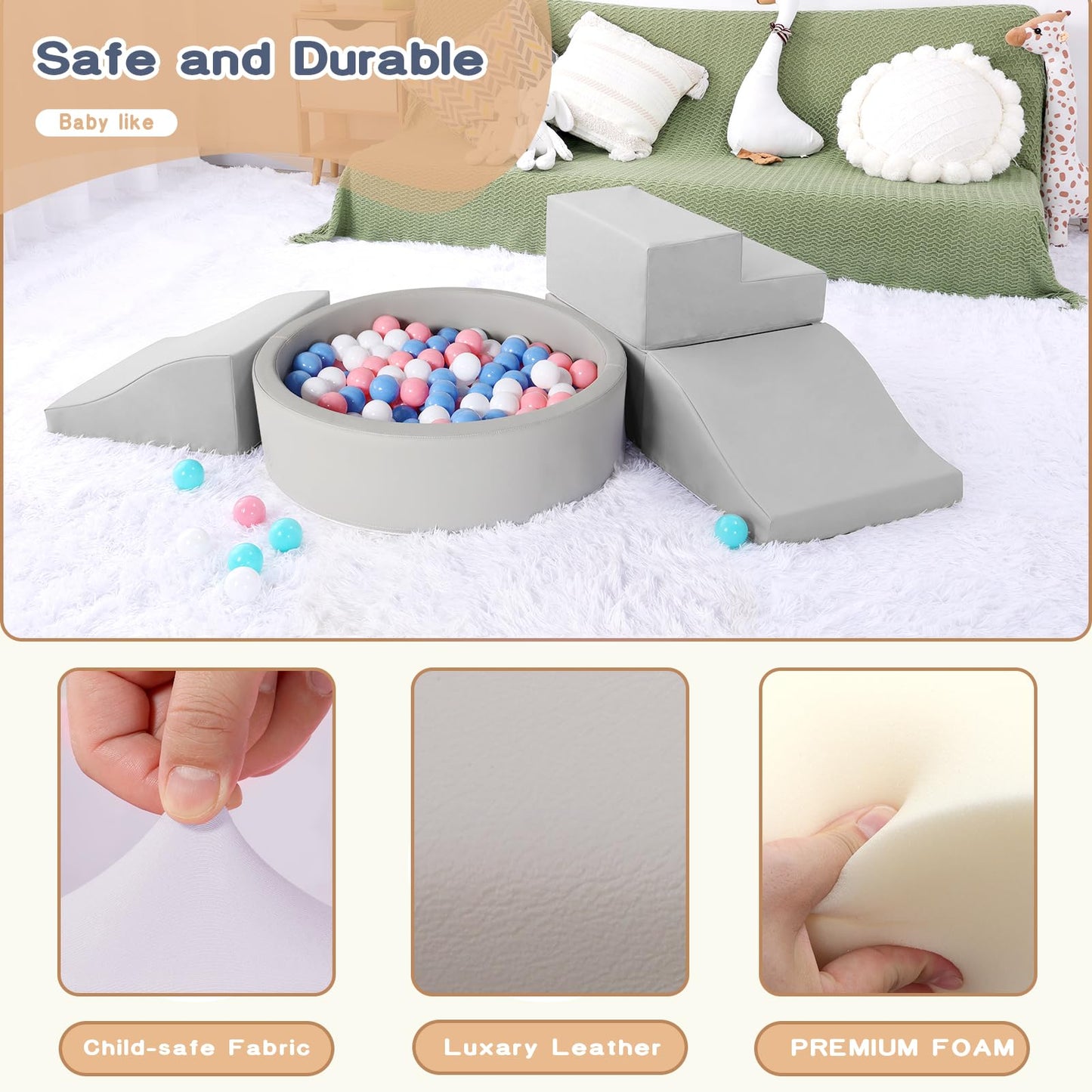 Hoohtoot Foam Climbing Blocks for Toddlers — 4-Piece PU Leather Climbing Toys + Ball Pit | Indoor Soft Play