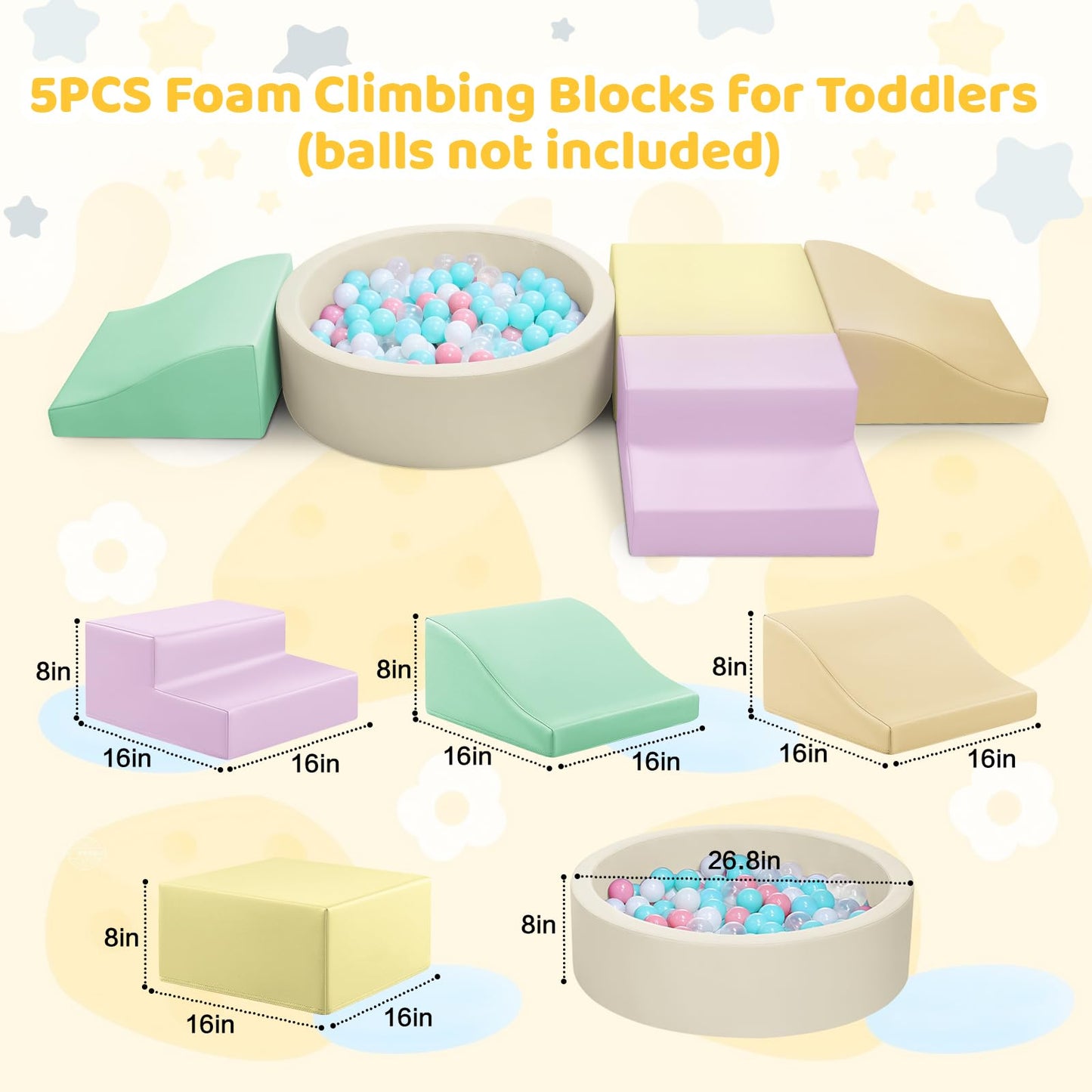 Hoohtoot Foam Climbing Blocks for Toddlers – PU Leather Climbing Toys + Ball Pit (Indoor Toddler Play, Yellow)