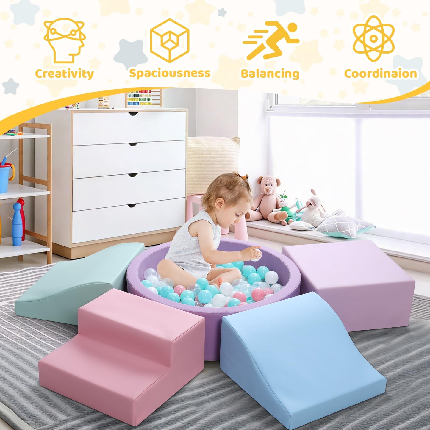 Hoohtoot Foam Climbing Blocks for Toddlers with Ball Pit – Indoor Soft Play Set (Purple)