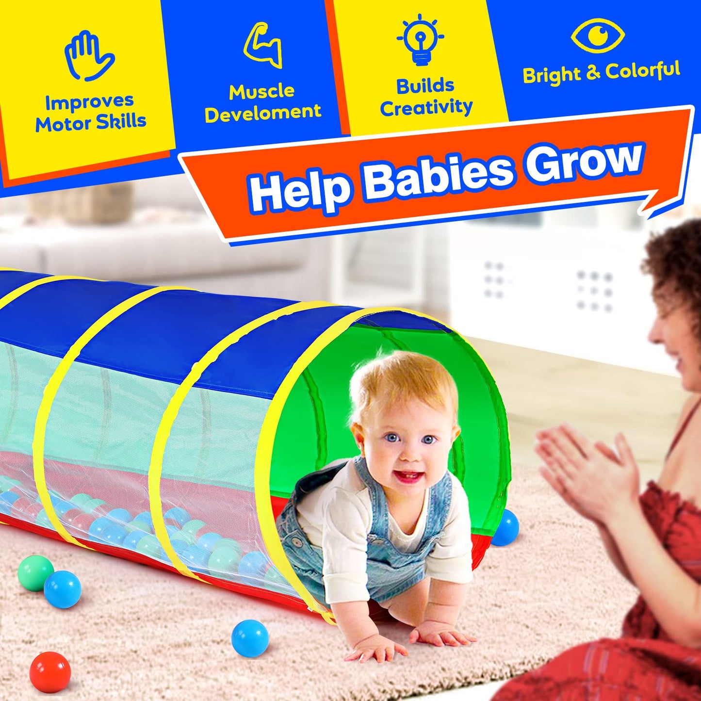 Hoohtoot Kids Crawl Through Play Tunnel — Pop-Up Baby Play Tunnel for Toddlers