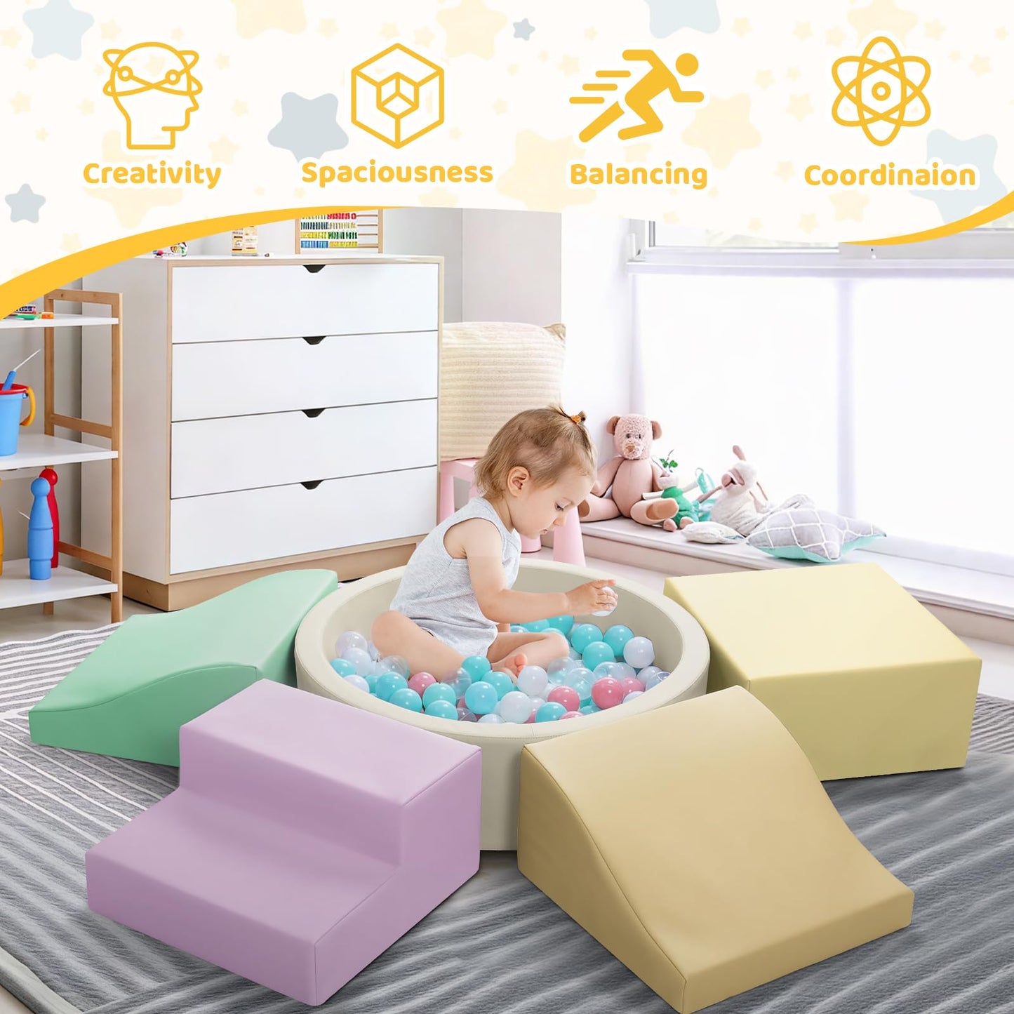Hoohtoot Foam Climbing Blocks for Toddlers – PU Leather Climbing Toys + Ball Pit (Indoor Toddler Play, Yellow)
