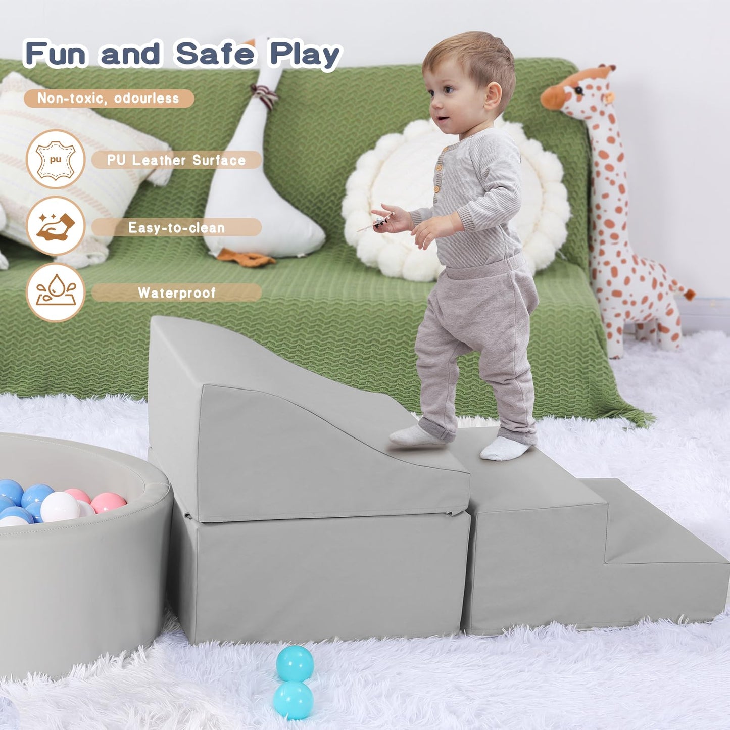 Hoohtoot Foam Climbing Blocks for Toddlers — 4-Piece PU Leather Climbing Toys + Ball Pit | Indoor Soft Play