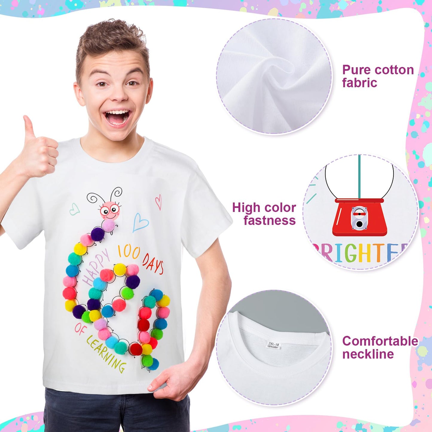 Hoolerry 3-Pack 100th Day DIY Shirt Kit – Gumball Machine, Pom Poms & Dot Stickers for Kids