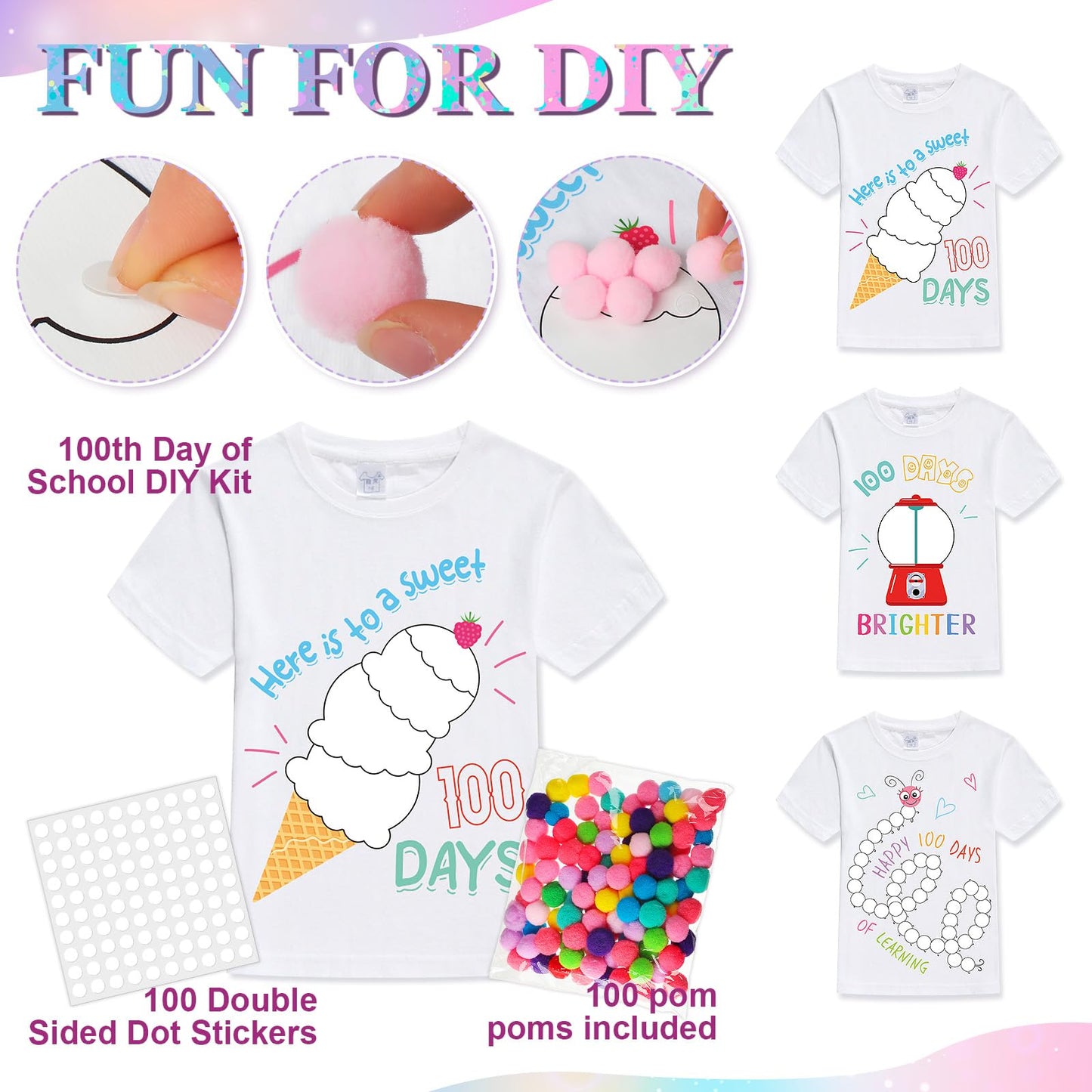 Hoolerry 3-Pack 100th Day DIY Shirt Kit – Gumball Machine, Pom Poms & Dot Stickers for Kids