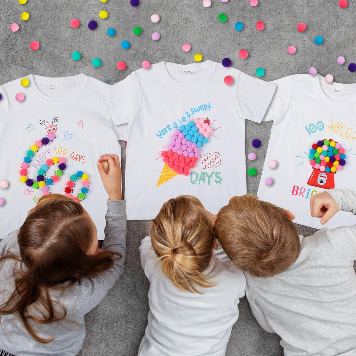 Hoolerry 3-Pack 100th Day DIY Shirt Kit – Gumball Machine, Pom Poms & Dot Stickers for Kids