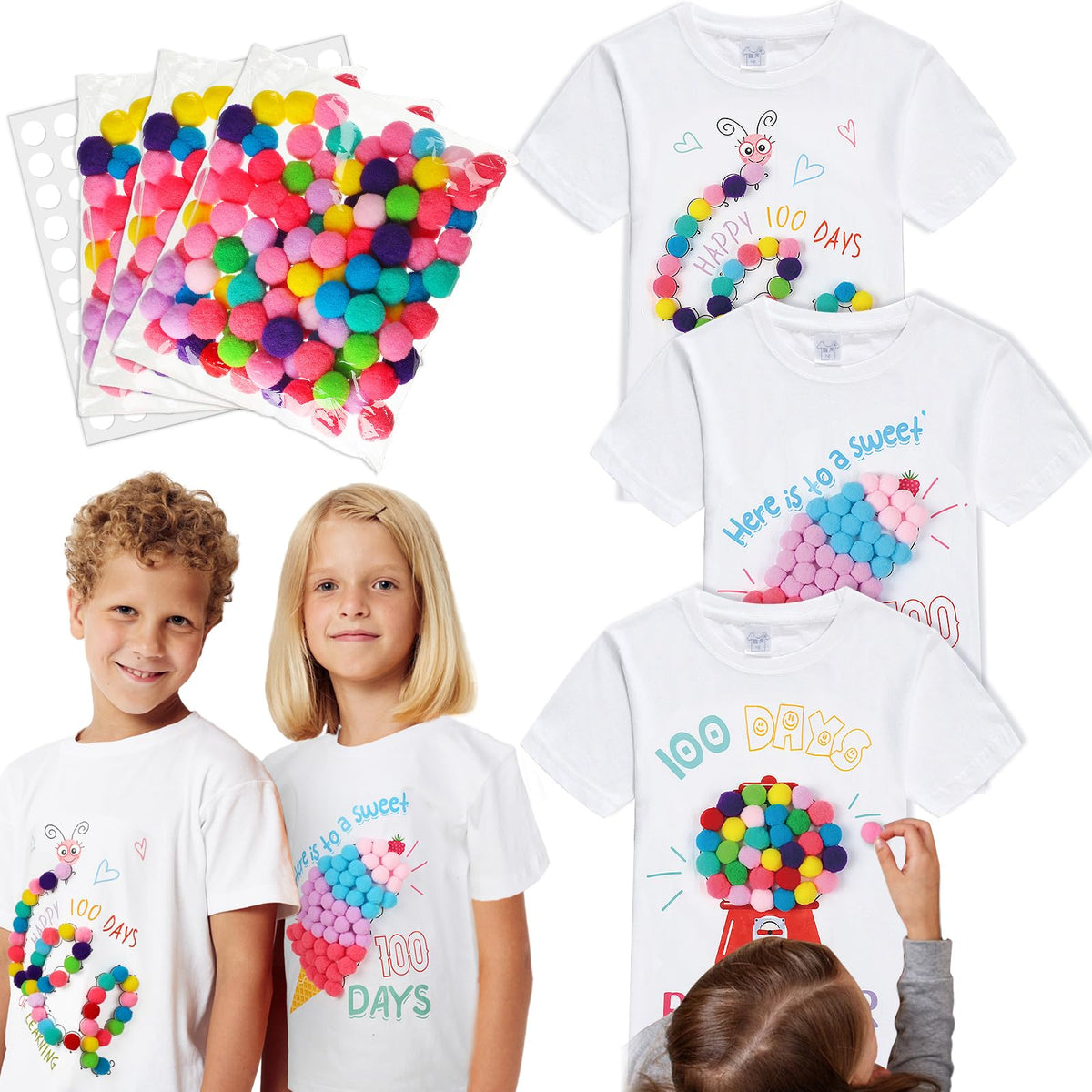 Hoolerry 3-Pack 100th Day DIY Shirt Kit – Gumball Machine, Pom Poms & Dot Stickers for Kids