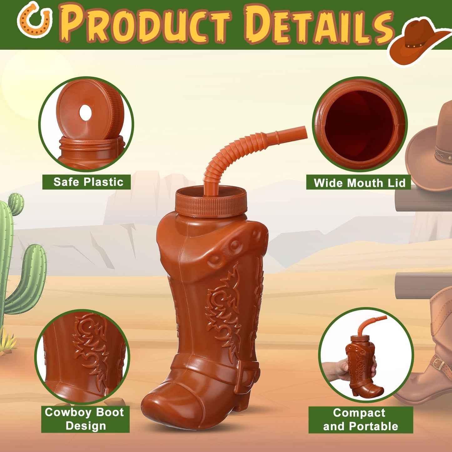 Hoolerry 10 oz Cowboy Boot Cups with Straws & Lids – 12 Pack Plastic Western Party Cups