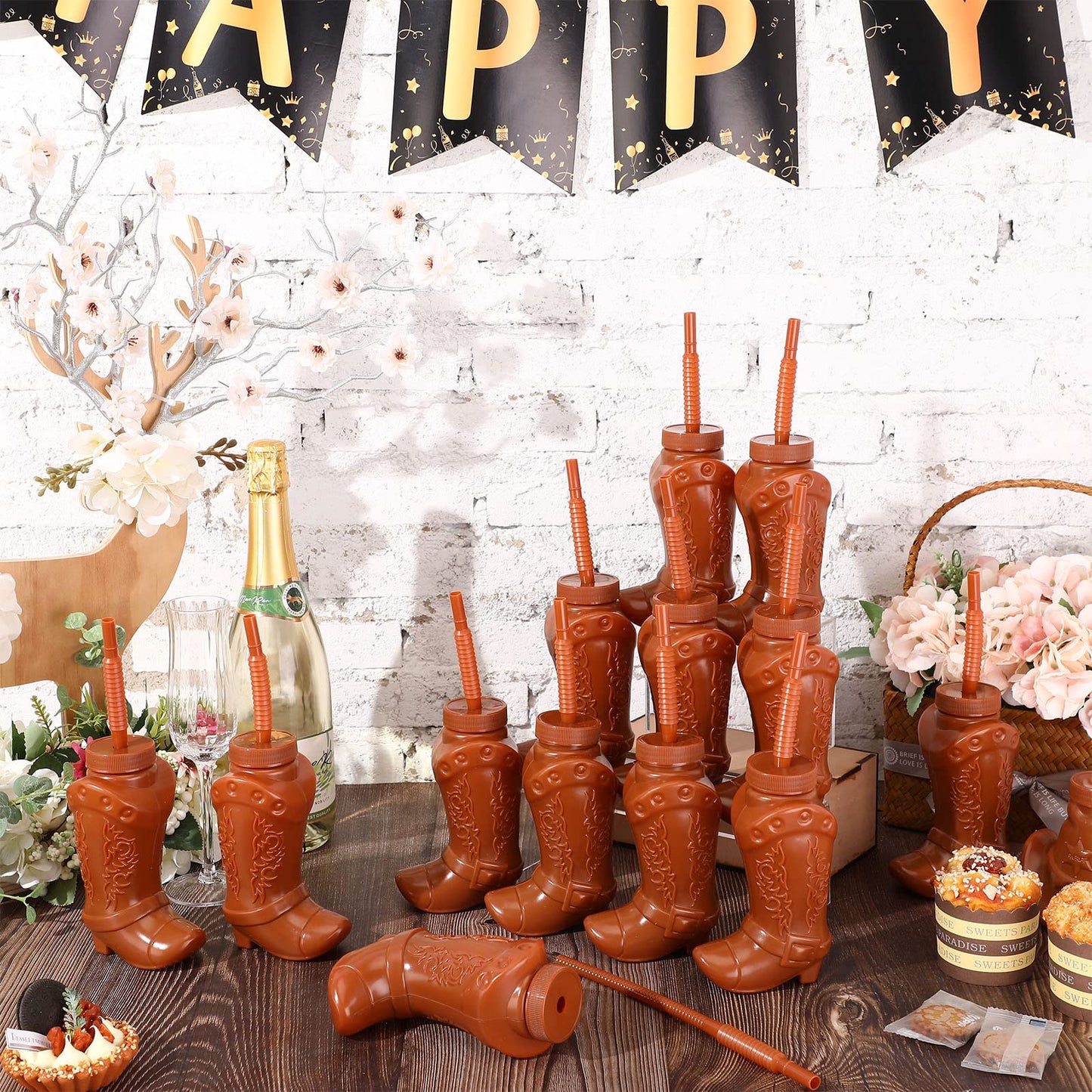Hoolerry 10 oz Cowboy Boot Cups with Straws & Lids – 12 Pack Plastic Western Party Cups