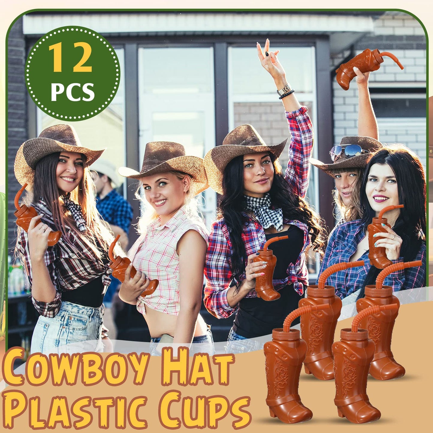 Hoolerry 10 oz Cowboy Boot Cups with Straws & Lids – 12 Pack Plastic Western Party Cups