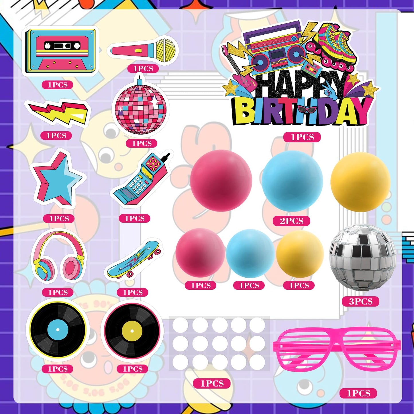 Hooqict 26 PCS 80s Cake Decorations – Retro Cake Toppers with Glitter Balls for Neon Throwback Parties