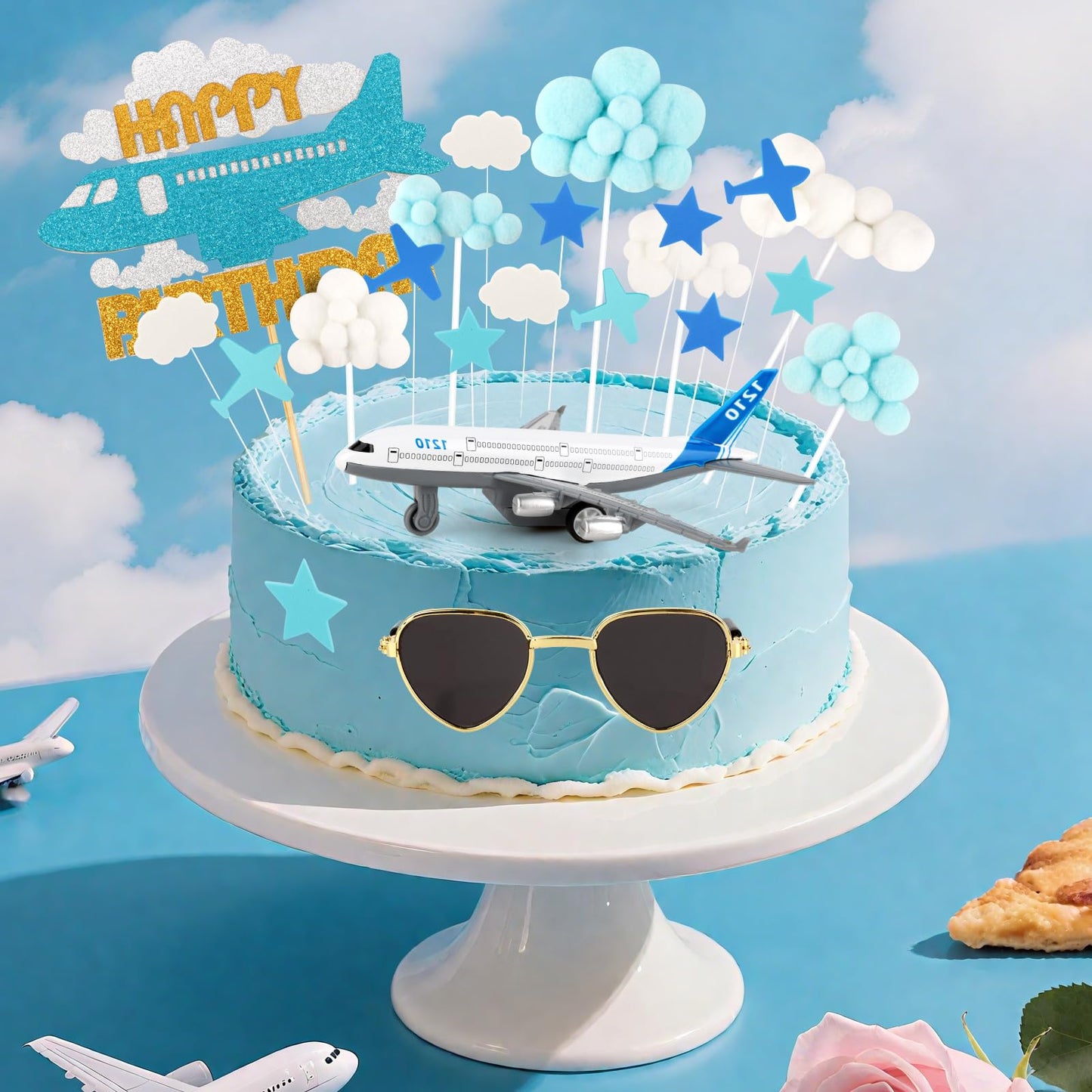 Hooqict 25 Pieces Airplane Cake Toppers with Mini Sunglasses - Blue & White Cloud Birthday Decor