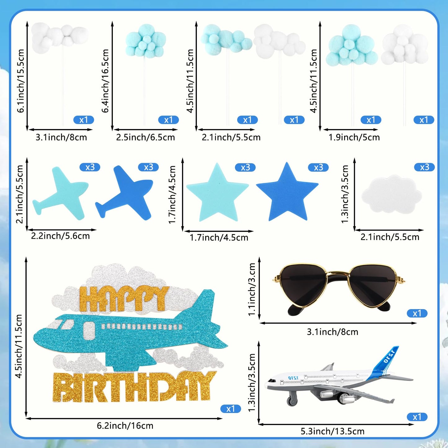 Hooqict 25 Pieces Airplane Cake Toppers with Mini Sunglasses - Blue & White Cloud Birthday Decor
