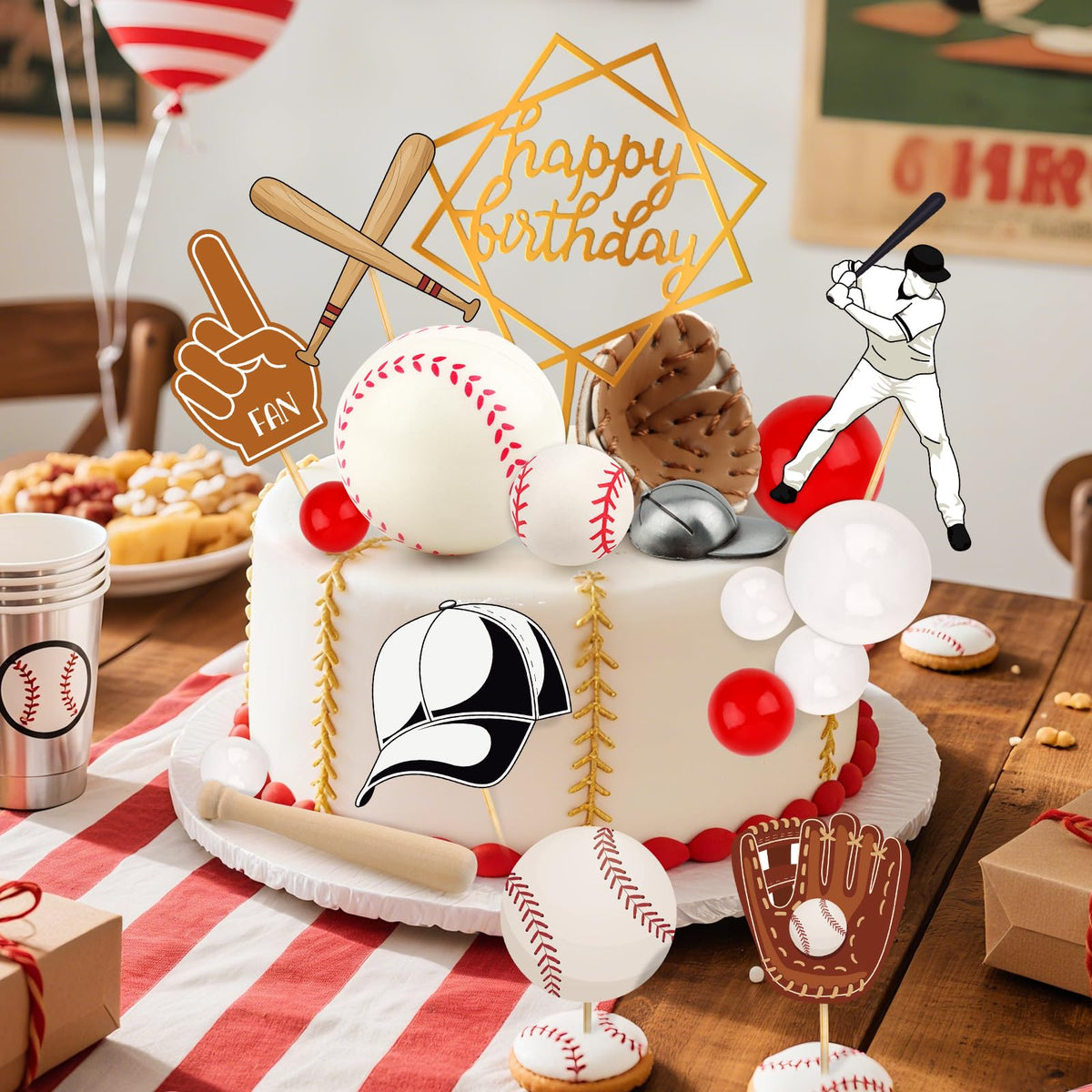 Hooqict 23Pcs Baseball Cake Decorations Set with Mini Baseballs, Player, Caps, Gloves, Bats & Birthday Toppers