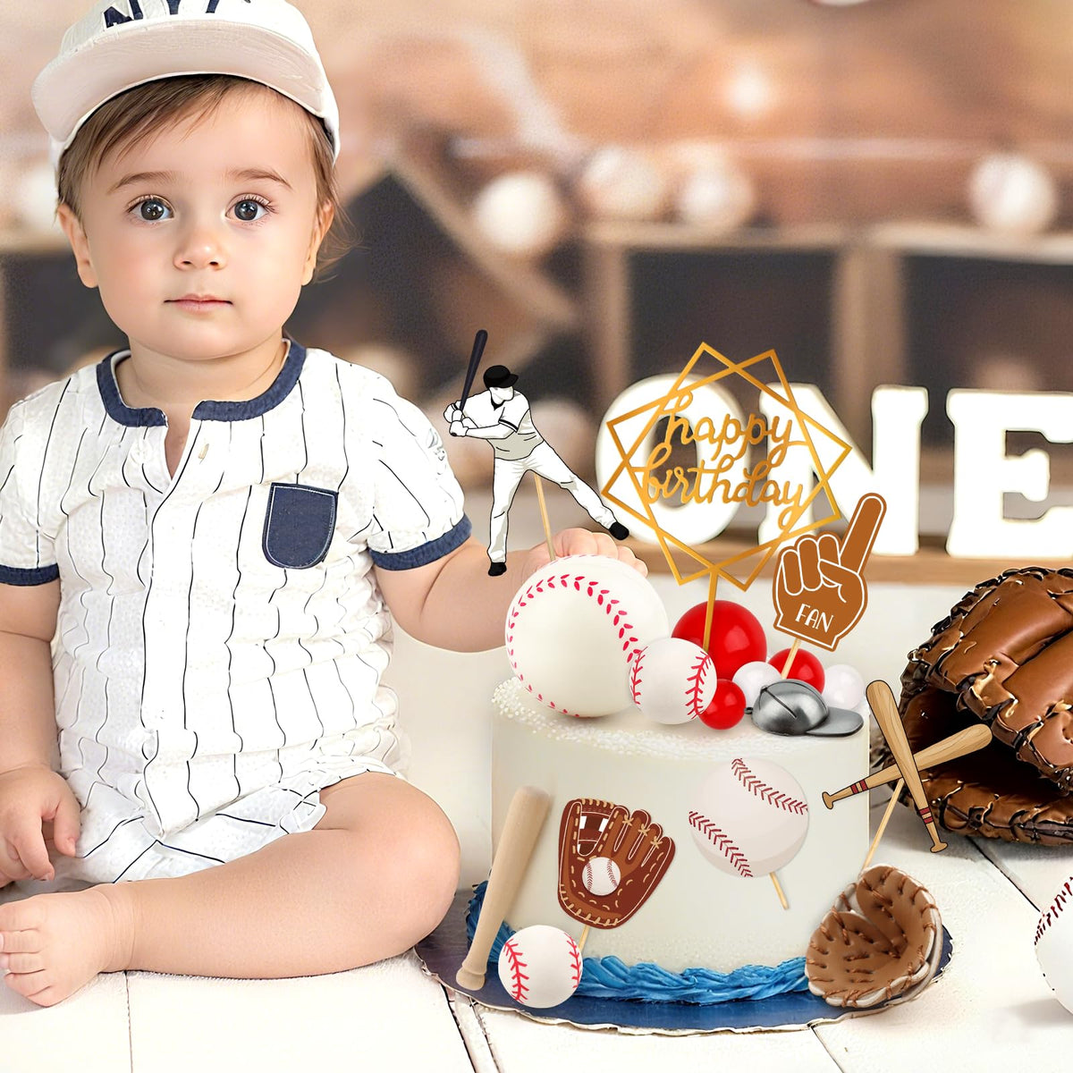 Hooqict 23Pcs Baseball Cake Decorations Set with Mini Baseballs, Player, Caps, Gloves, Bats & Birthday Toppers