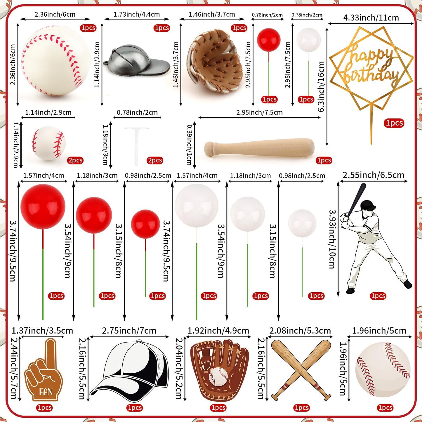 Hooqict 23Pcs Baseball Cake Decorations Set with Mini Baseballs, Player, Caps, Gloves, Bats & Birthday Toppers