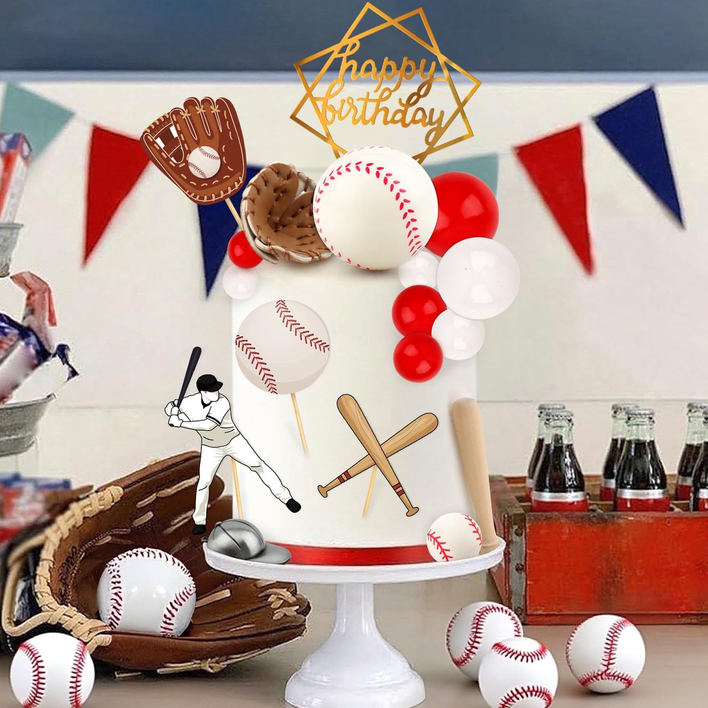 Hooqict 23Pcs Baseball Cake Decorations Set with Mini Baseballs, Player, Caps, Gloves, Bats & Birthday Toppers