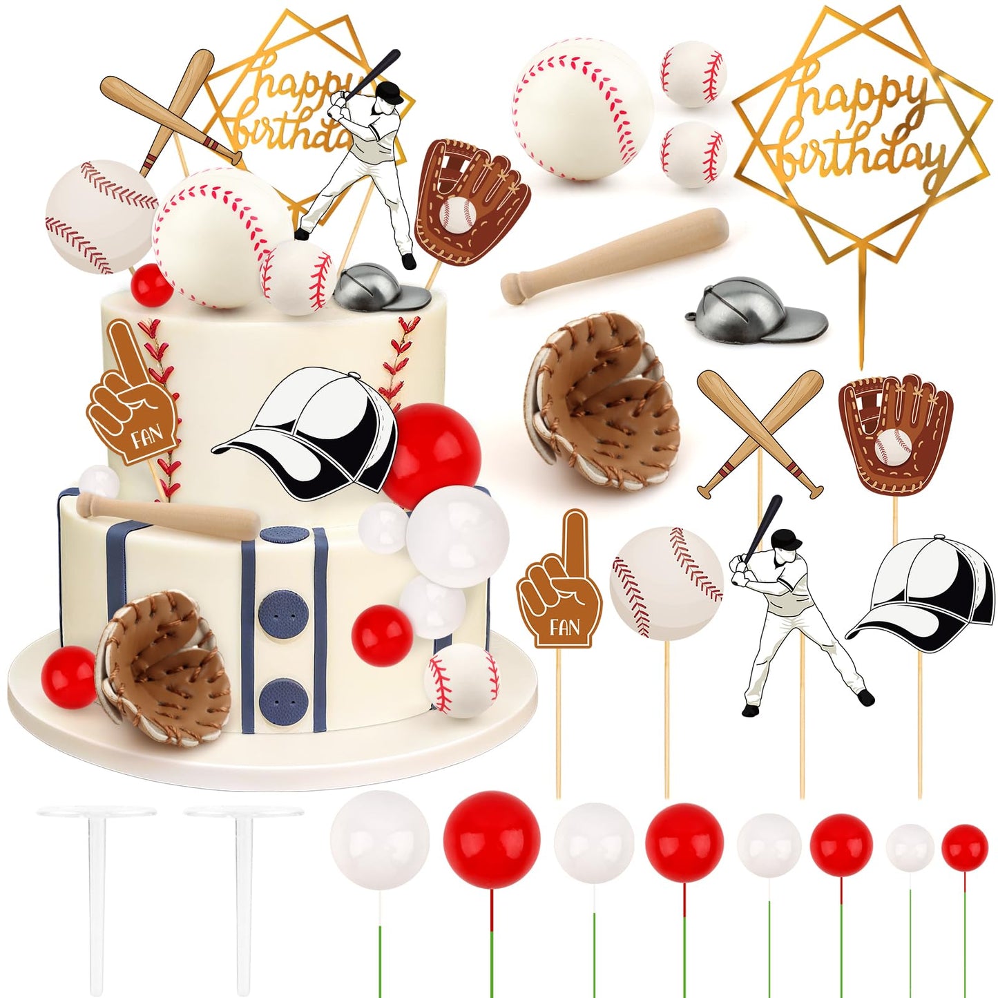 Hooqict 23Pcs Baseball Cake Decorations Set with Mini Baseballs, Player, Caps, Gloves, Bats & Birthday Toppers