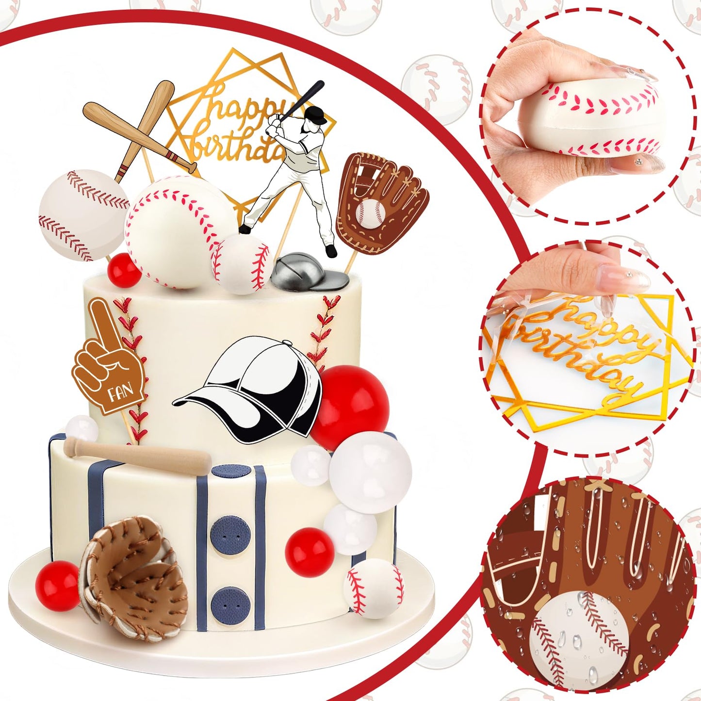 Hooqict 23Pcs Baseball Cake Decorations Set with Mini Baseballs, Player, Caps, Gloves, Bats & Birthday Toppers
