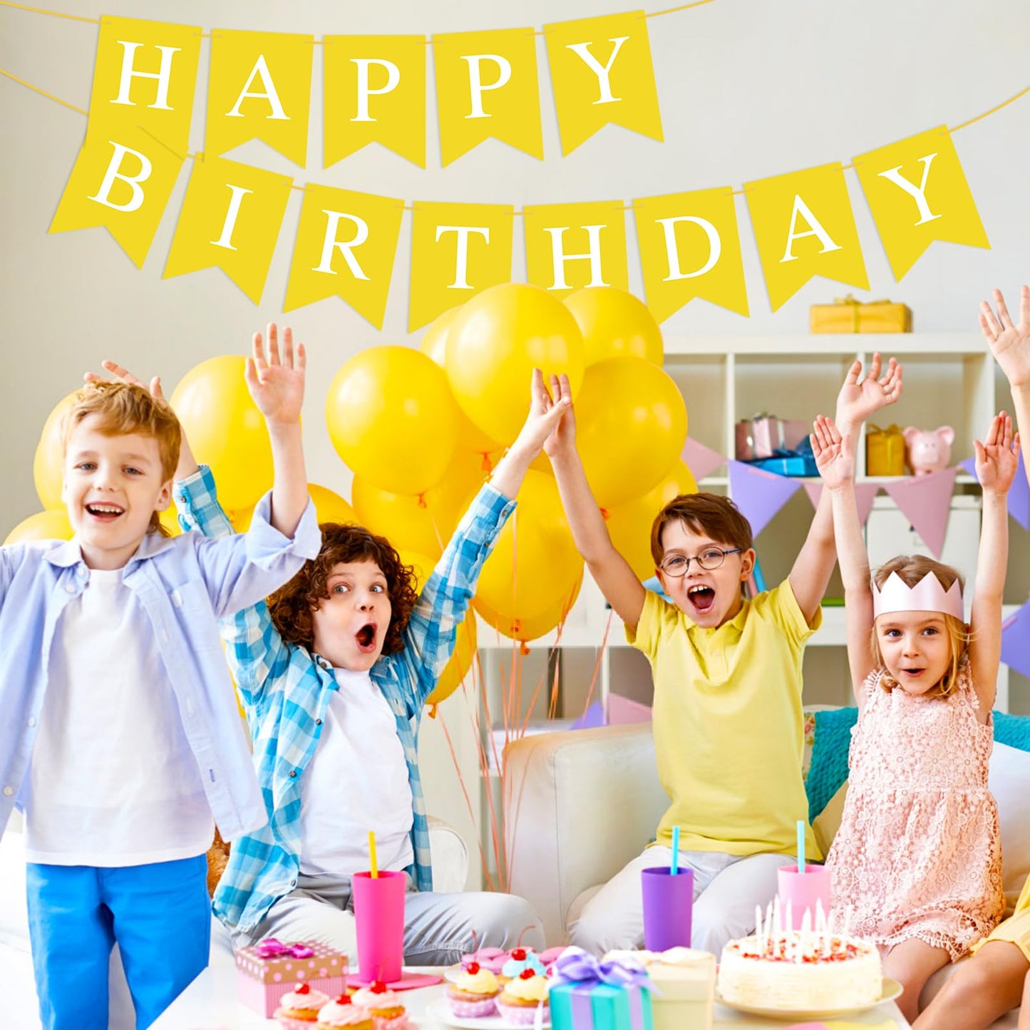 Hooqict Yellow Happy Birthday Banner Backdrop – Birthday Party Garland Flags for Wall, Yard & Photo Backdrops