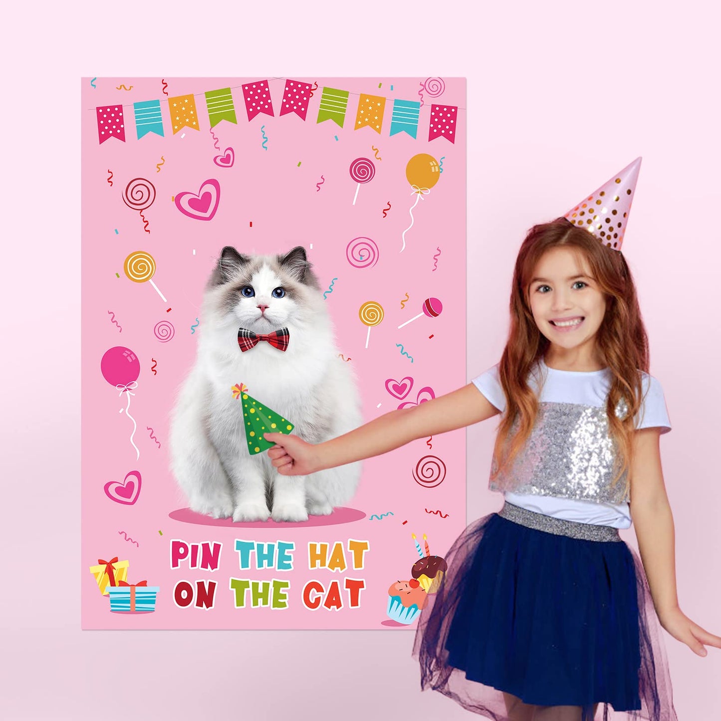 Hooqict Pin The Hat On The Cat Party Game – Large Poster & 54 Hat Stickers