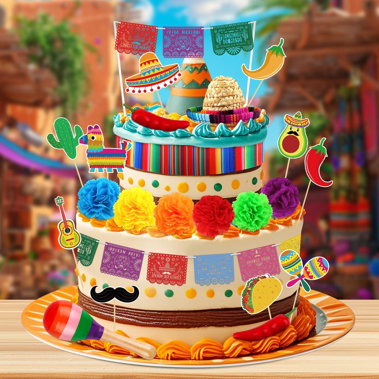 Hooqict 33Pcs Fiesta Cake Decorations Set – Cinco de Mayo Mexican Theme Toppers