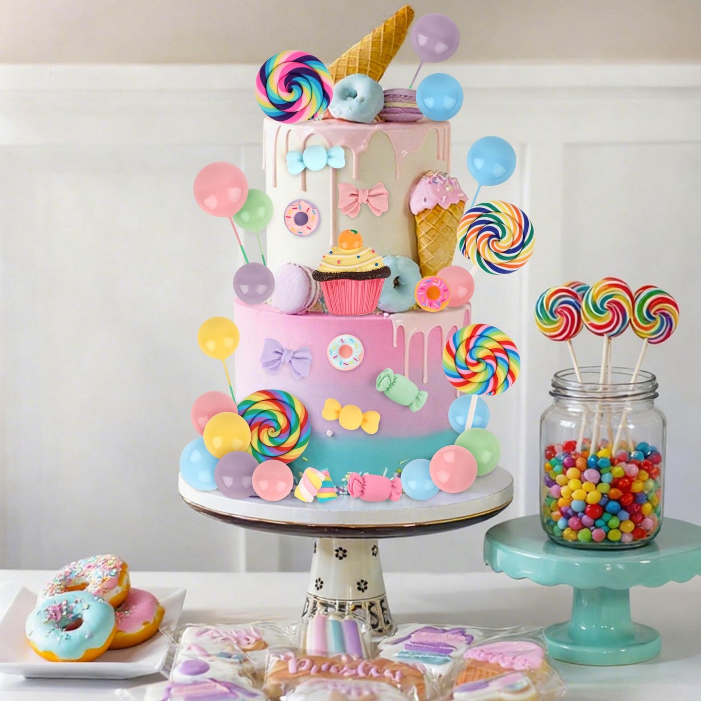 Hooqict 33Pcs Candy Cake Decorations – Lollipops, Donuts & Cupcake Toppers for Kids Parties
