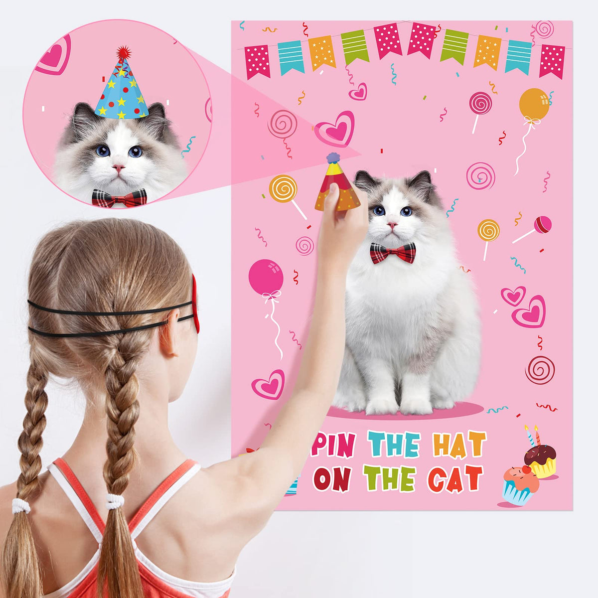 Hooqict Pin The Hat On The Cat Party Game – Large Poster & 54 Hat Stickers