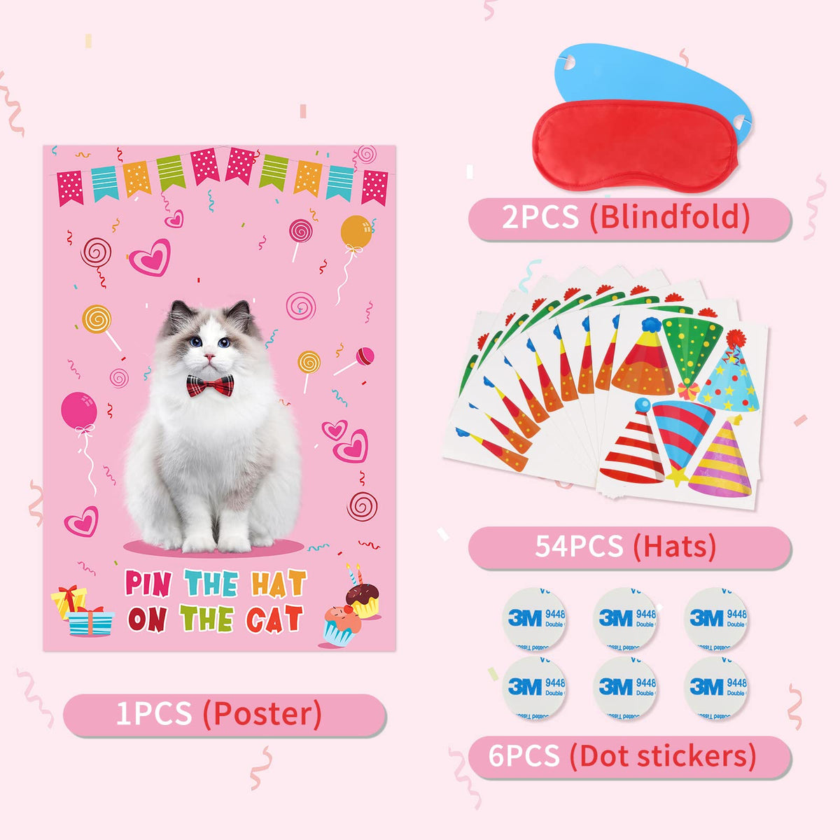 Hooqict Pin The Hat On The Cat Party Game – Large Poster & 54 Hat Stickers