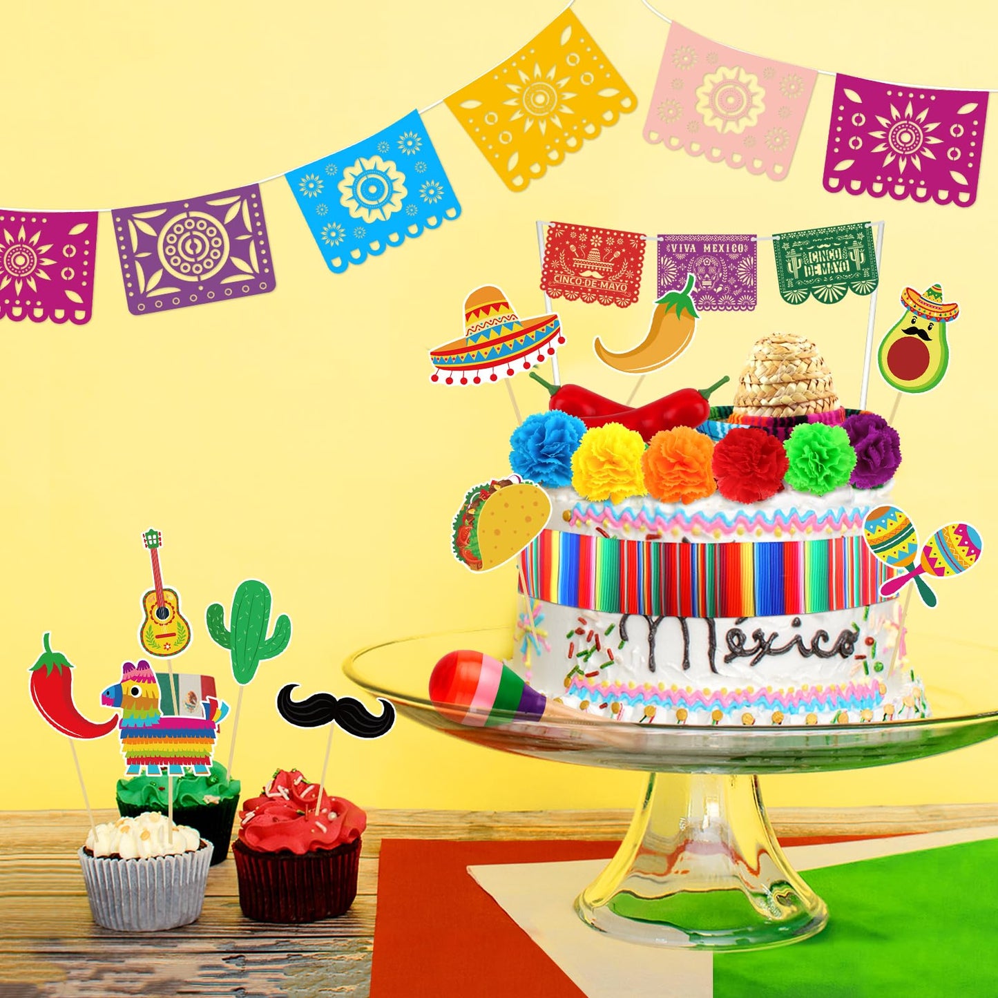 Hooqict 33Pcs Fiesta Cake Decorations Set – Cinco de Mayo Mexican Theme Toppers