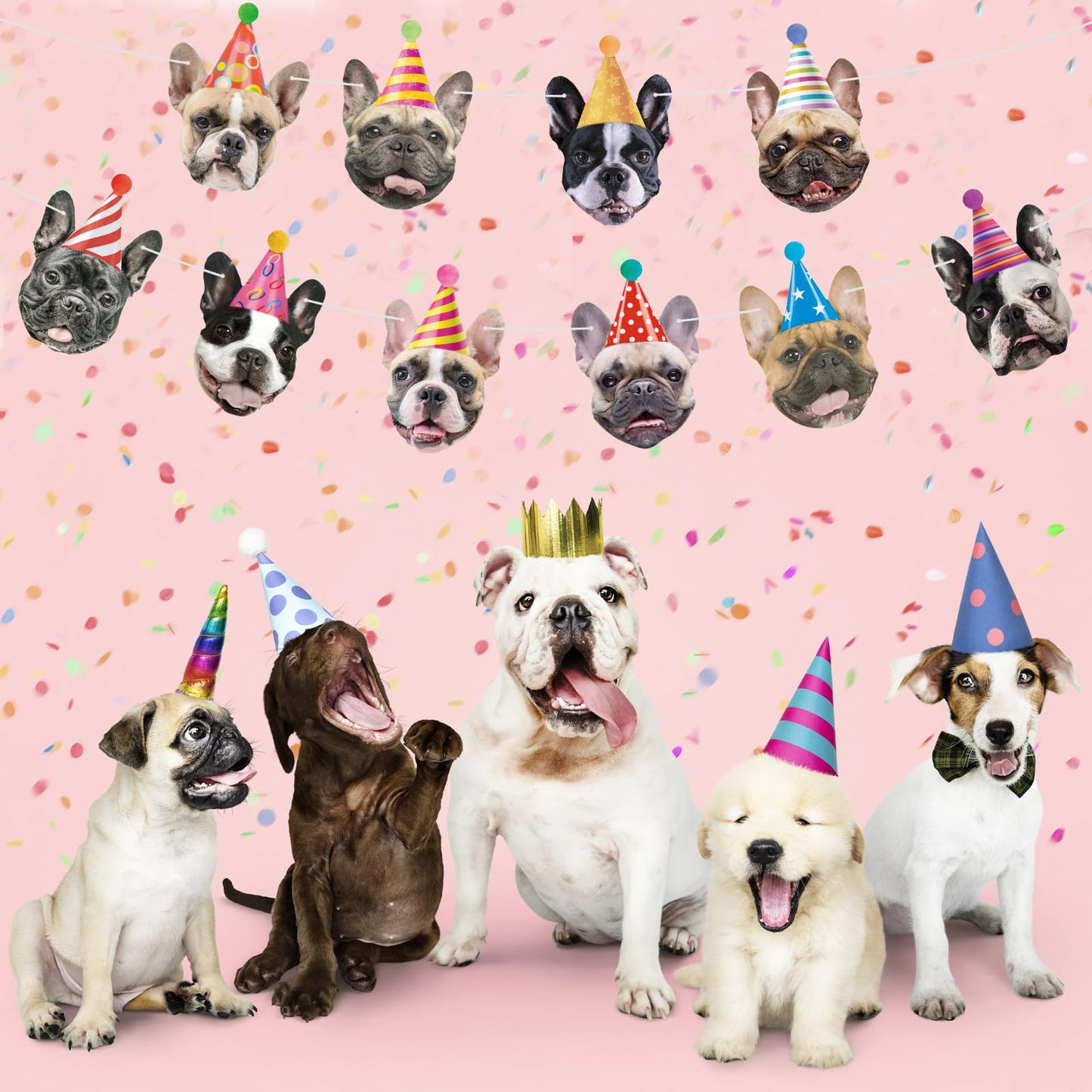 Hooqict Dog Birthday Banner – Puppy Themed Party Decor Backdrop (10 Faces + Ribbon)