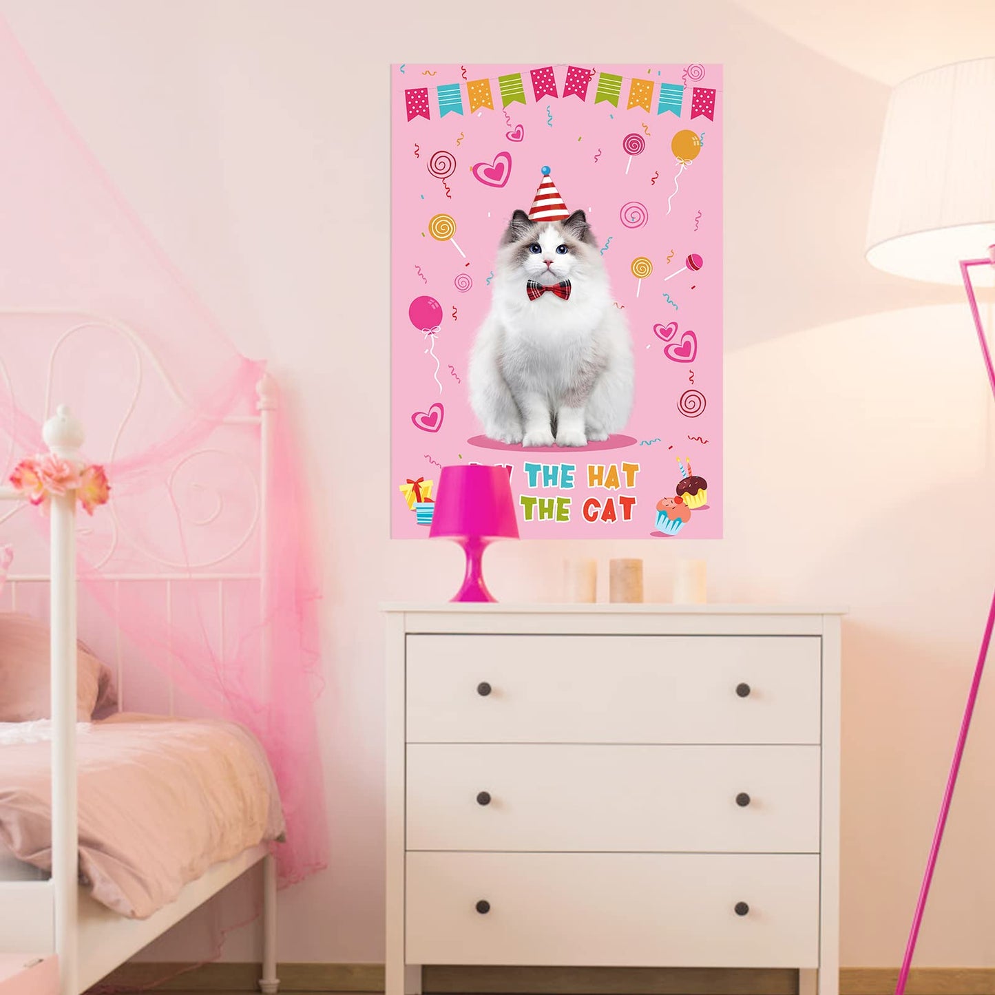 Hooqict Pin The Hat On The Cat Party Game – Large Poster & 54 Hat Stickers