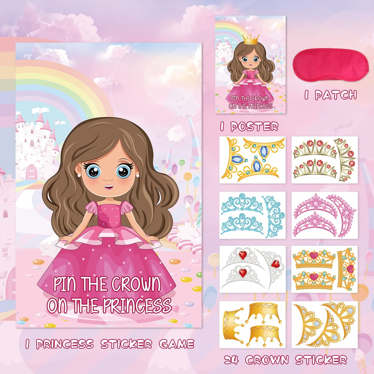 Hooqict Pin the Crown Princess Party Game – Large Poster + 24 Crown Stickers & 2 Eye Masks