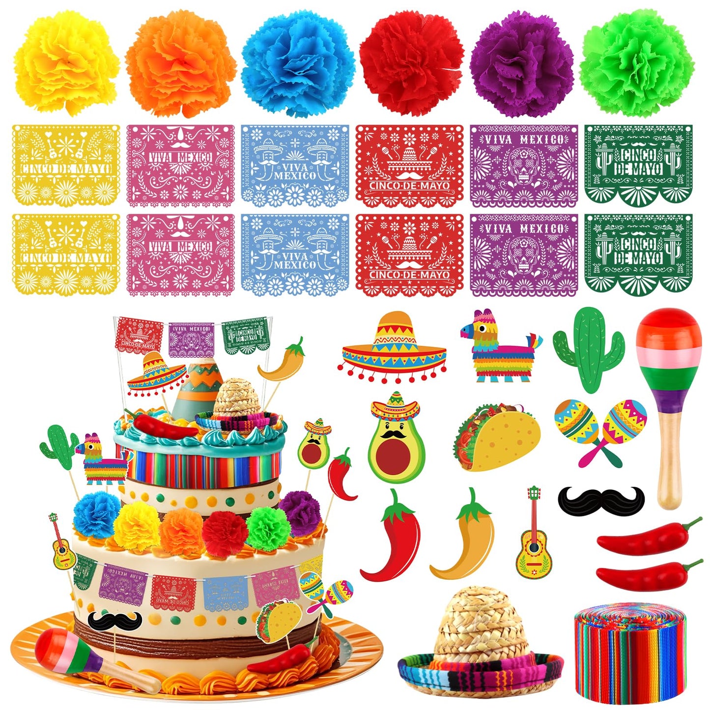 Hooqict 33Pcs Fiesta Cake Decorations Set – Cinco de Mayo Mexican Theme Toppers
