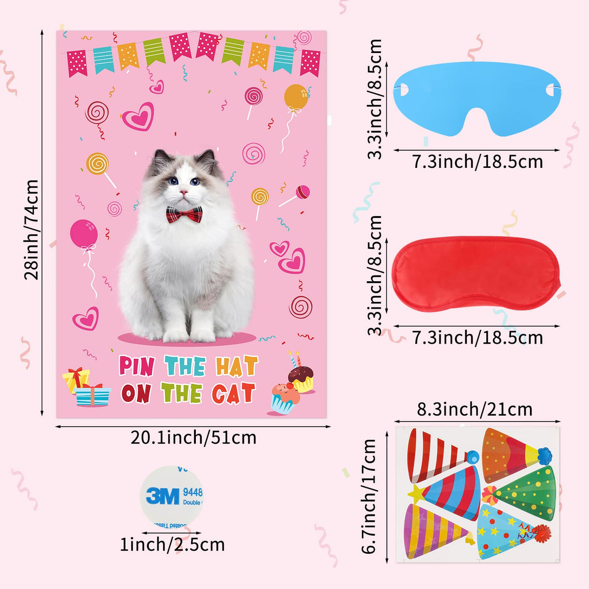 Hooqict Pin The Hat On The Cat Party Game – Large Poster & 54 Hat Stickers