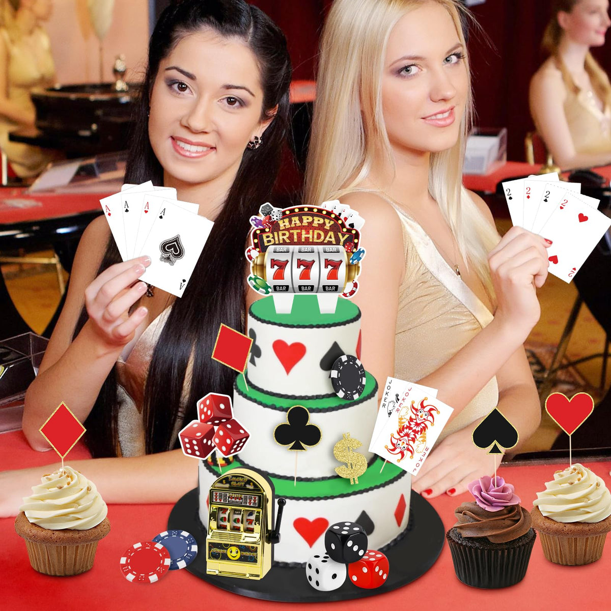 Hooqict 24-Piece Casino Cake Decorations Set | Las Vegas Theme Cake Toppers & Cupcake Picks