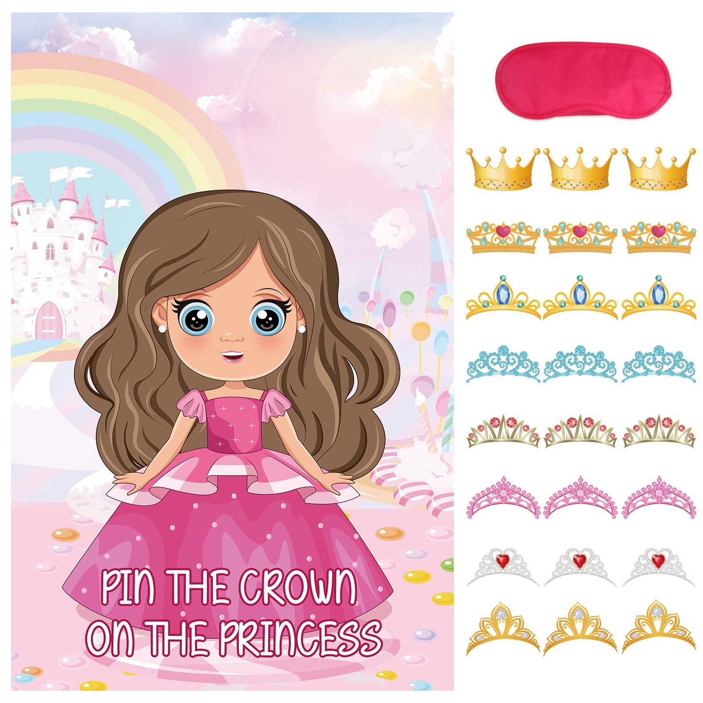 Hooqict Pin the Crown Princess Party Game – Large Poster + 24 Crown Stickers & 2 Eye Masks