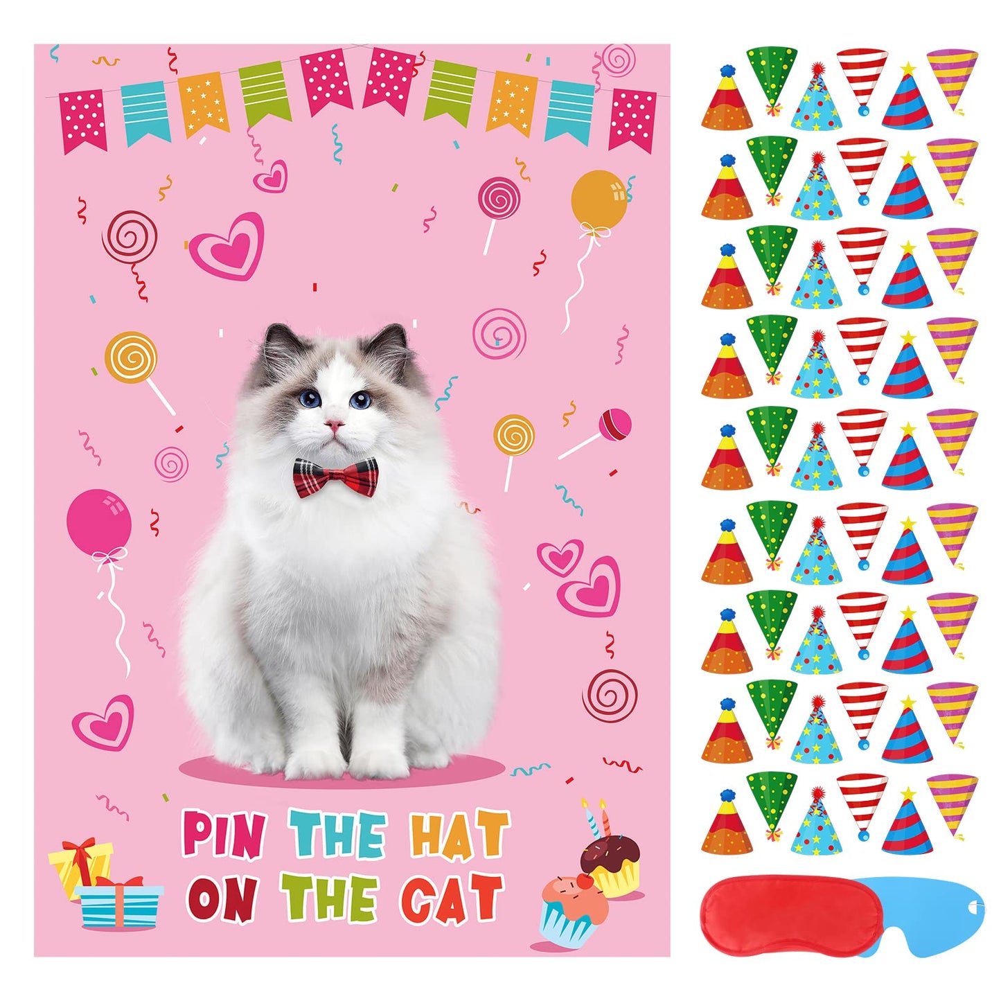 Hooqict Pin The Hat On The Cat Party Game – Large Poster & 54 Hat Stickers