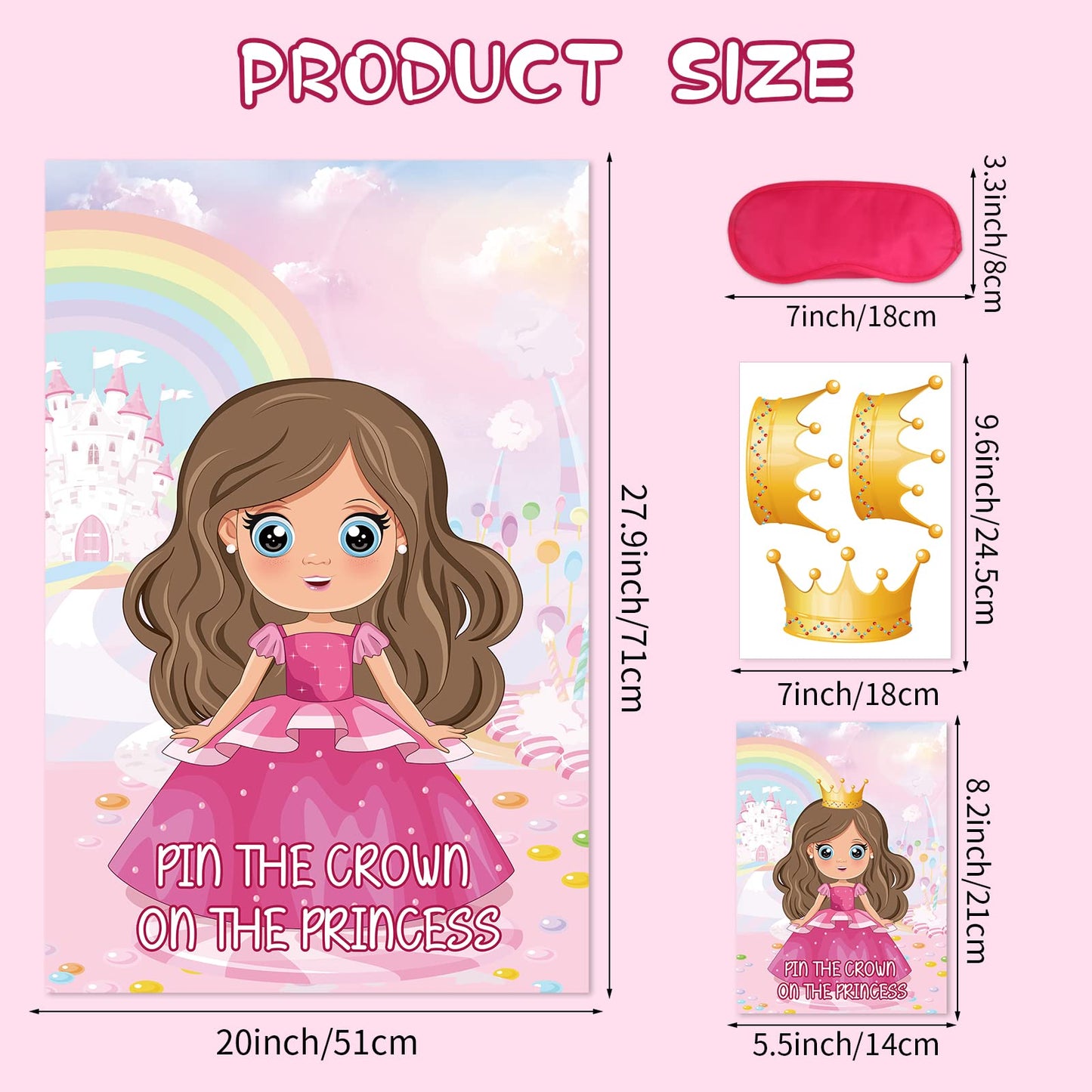 Hooqict Pin the Crown Princess Party Game – Large Poster + 24 Crown Stickers & 2 Eye Masks