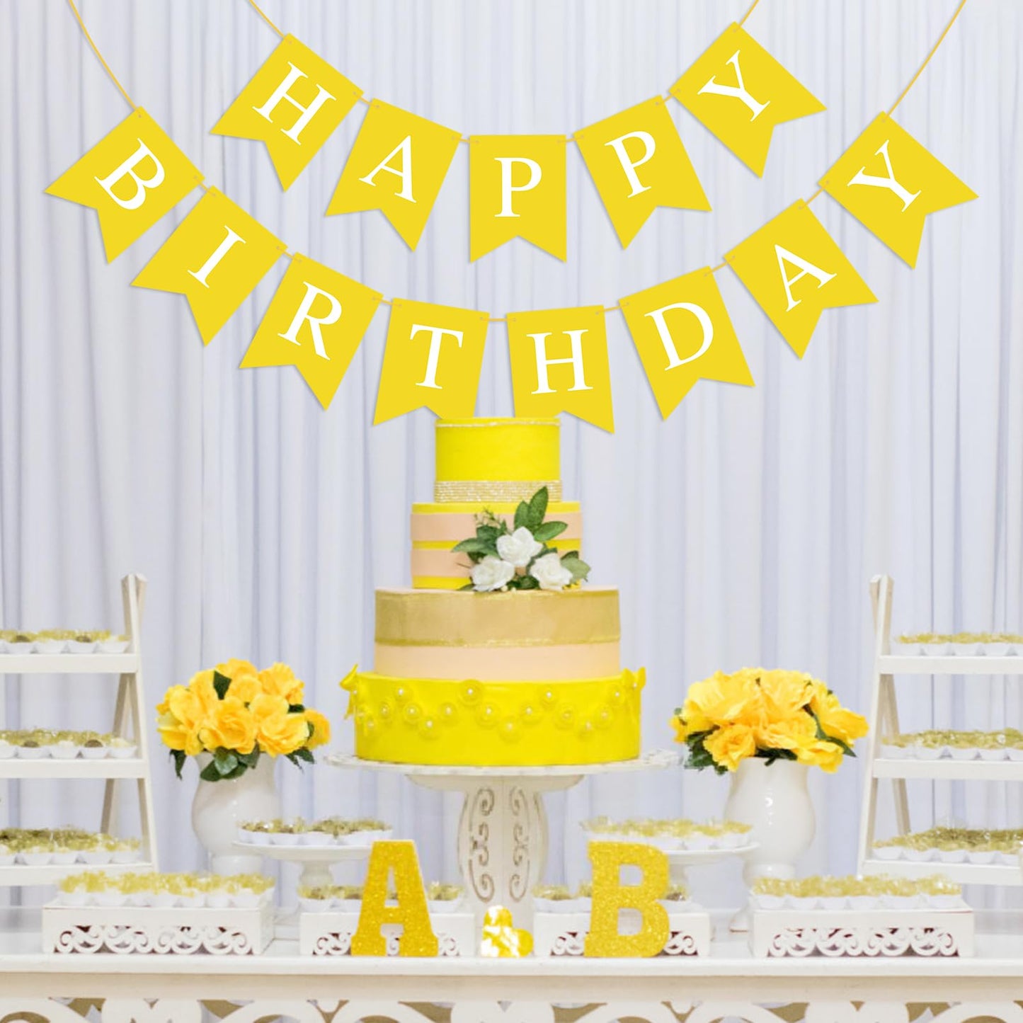 Hooqict Yellow Happy Birthday Banner Backdrop – Birthday Party Garland Flags for Wall, Yard & Photo Backdrops