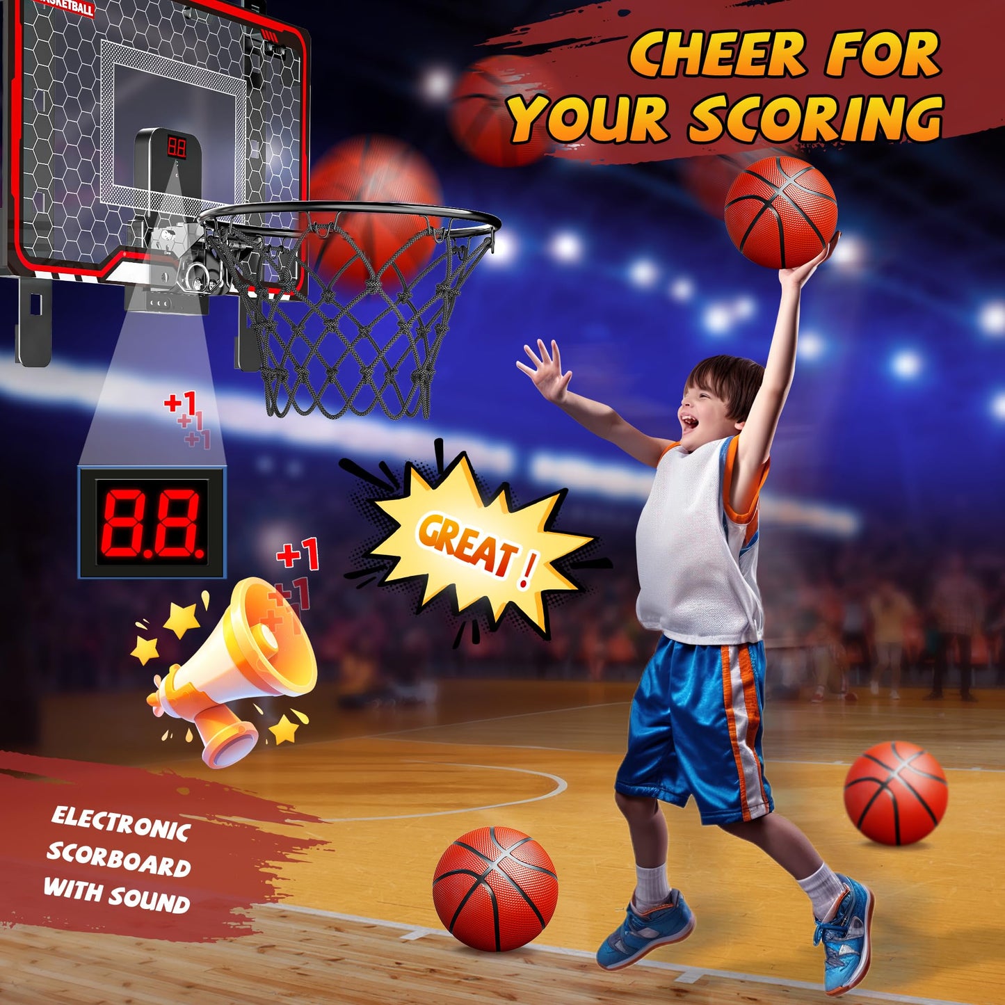HopeRock Indoor Basketball Hoop for Kids - Over-The-Door Mini Hoop with LED Scoreboard