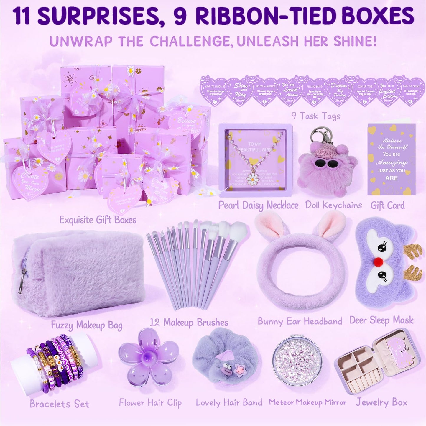 Hoostee Teen Gifts – Trendy 9-Wrapped Gift Box with Inspiring Tasks & Makeup Bag