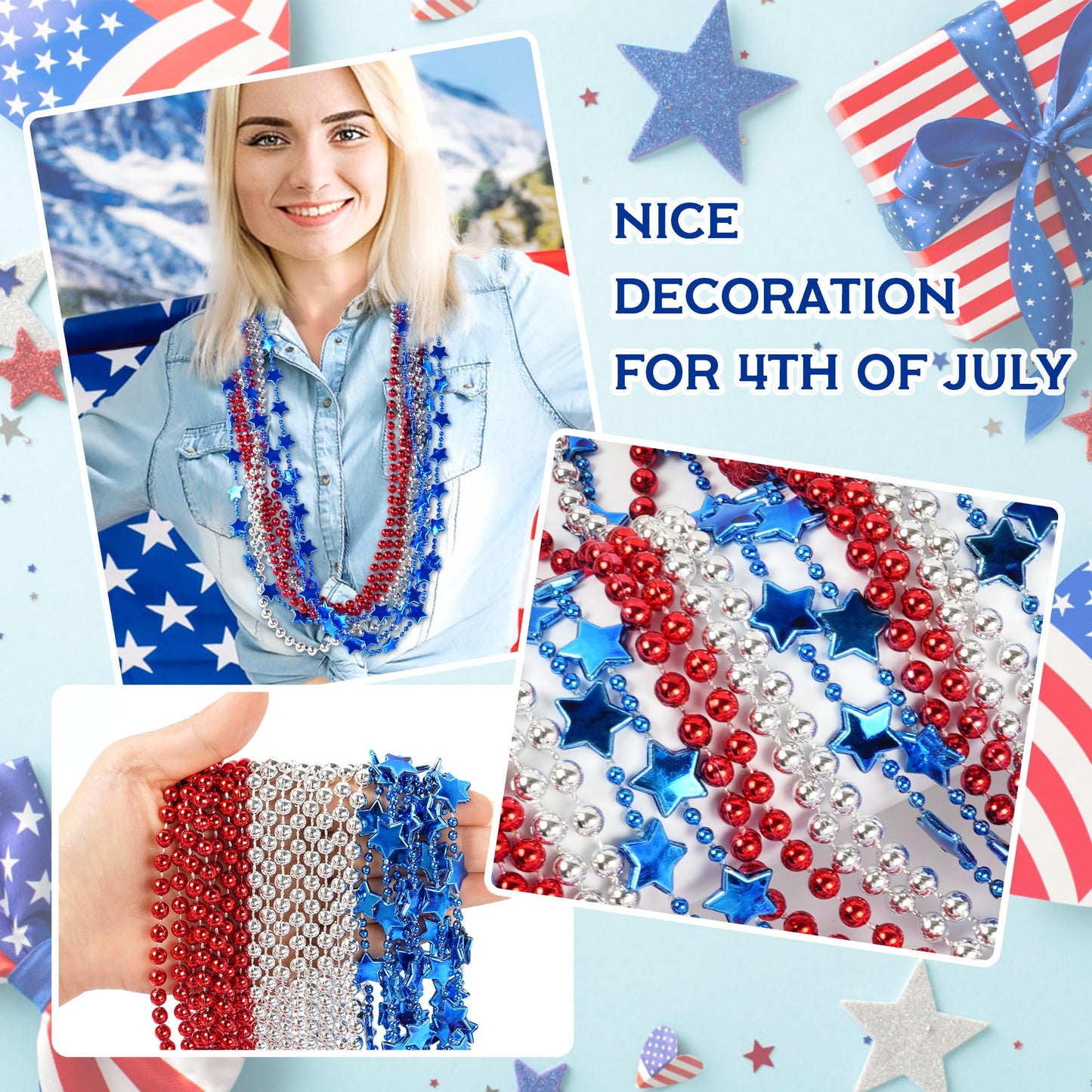 HOOSUN 4th of July Beaded Necklace – 24Pcs Patriotic Red, Silver & Blue Star Beads