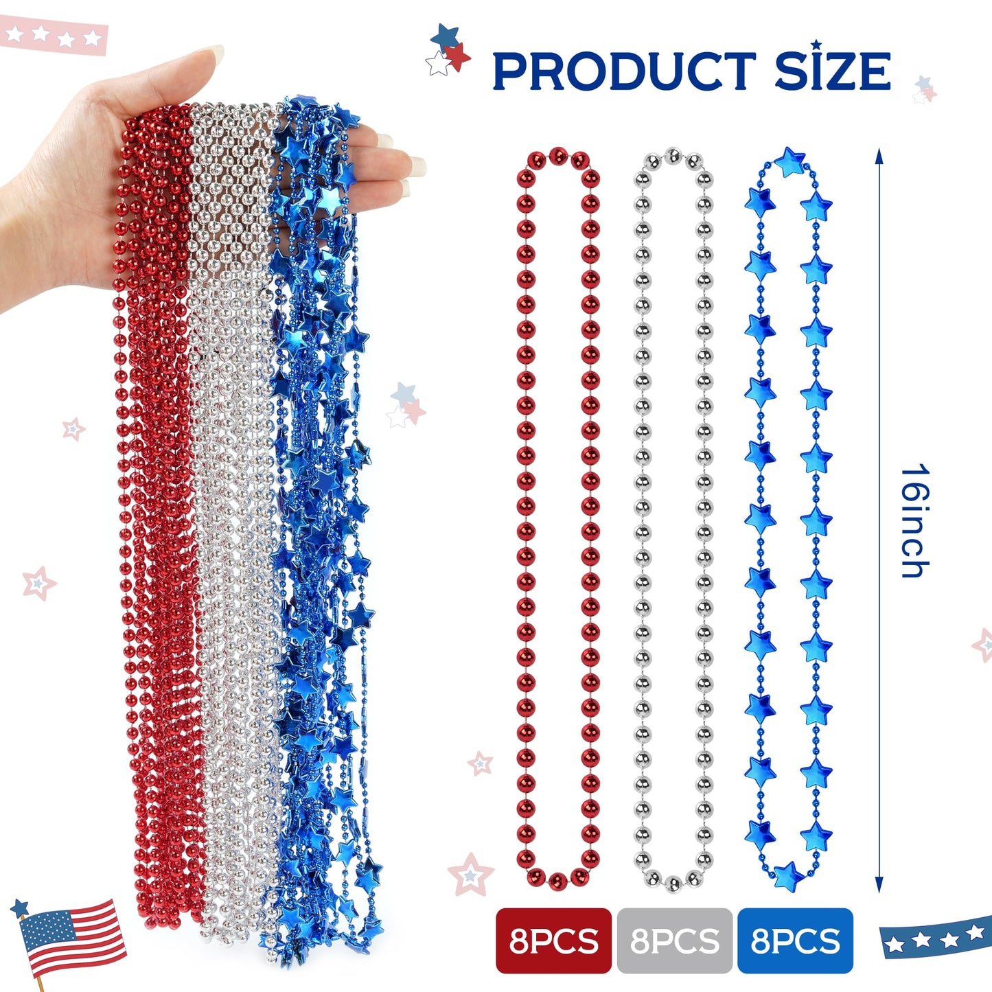 HOOSUN 4th of July Beaded Necklace – 24Pcs Patriotic Red, Silver & Blue Star Beads