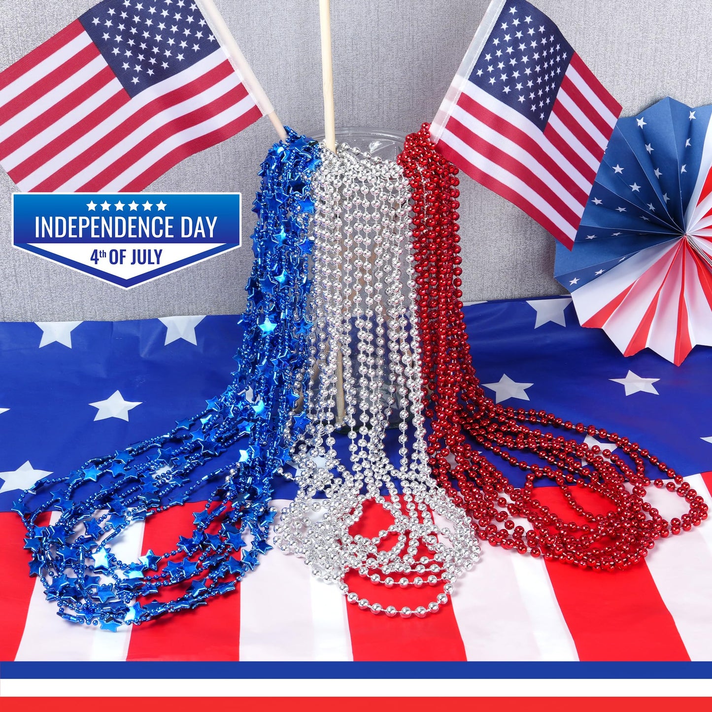 HOOSUN 4th of July Beaded Necklace – 24Pcs Patriotic Red, Silver & Blue Star Beads