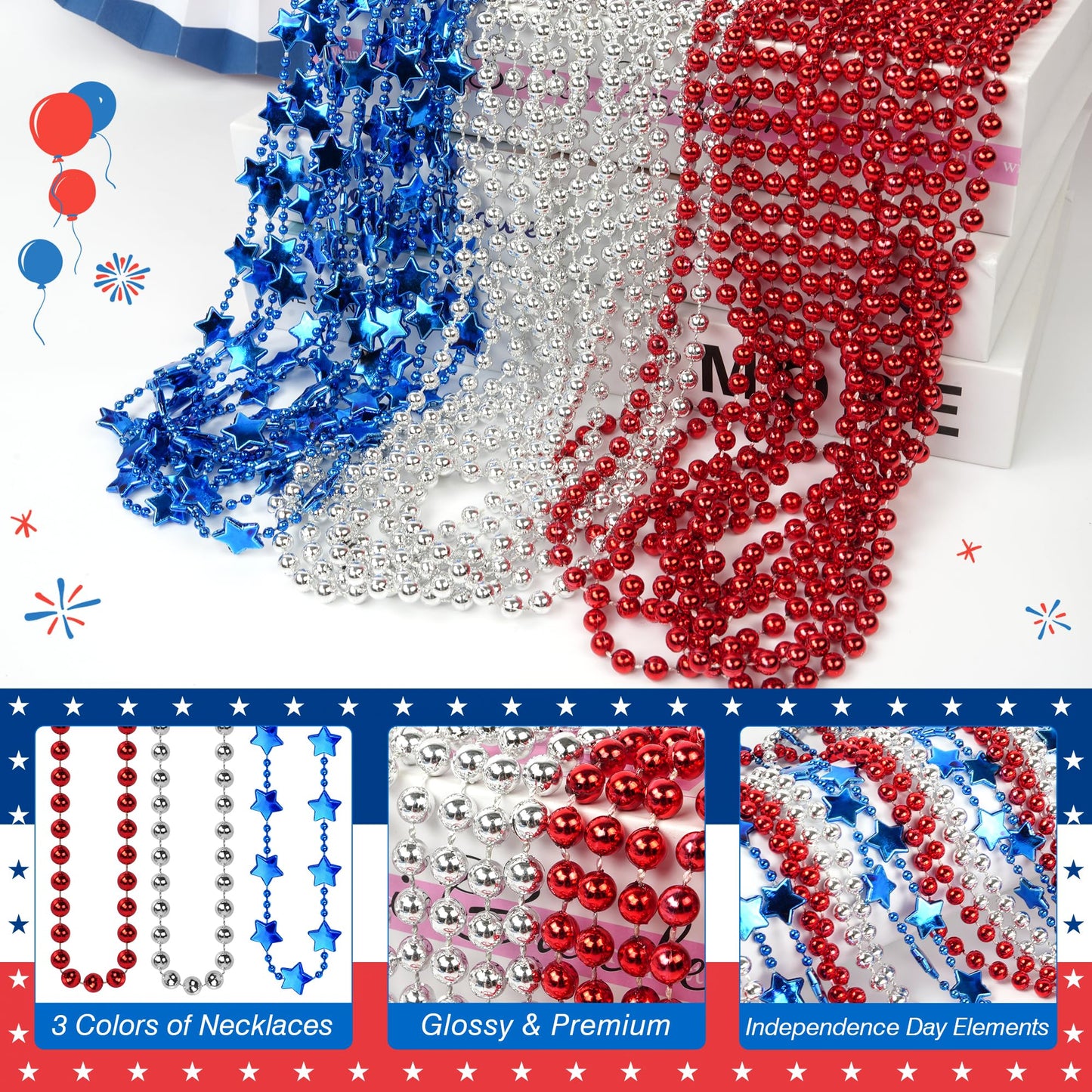 HOOSUN 4th of July Beaded Necklace – 24Pcs Patriotic Red, Silver & Blue Star Beads