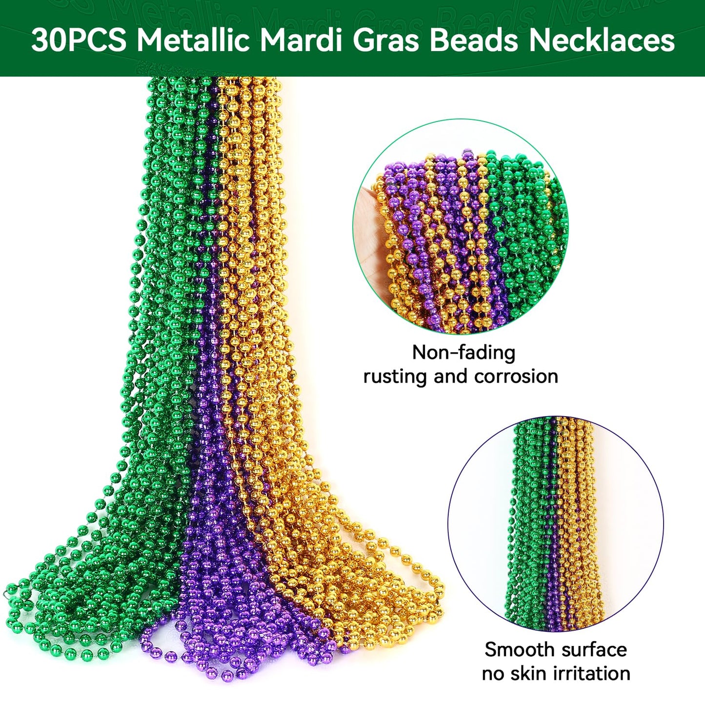 HOOSUN 30-Pack Mardi Gras Beads Necklaces: Green, Gold & Purple Party Decor