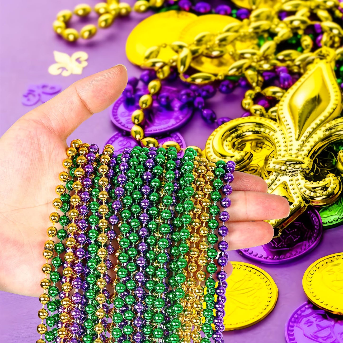 HOOSUN 30-Pack Mardi Gras Beads Necklaces: Green, Gold & Purple Party Decor