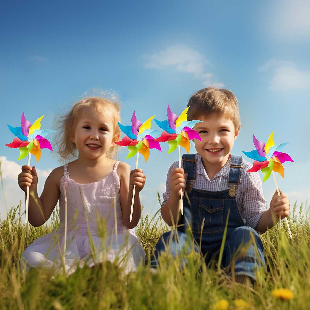 HOOSUN 12 Pack Rainbow Pinwheels for Yard and Garden | Colorful Outdoor Wind Spinners & Party Favors