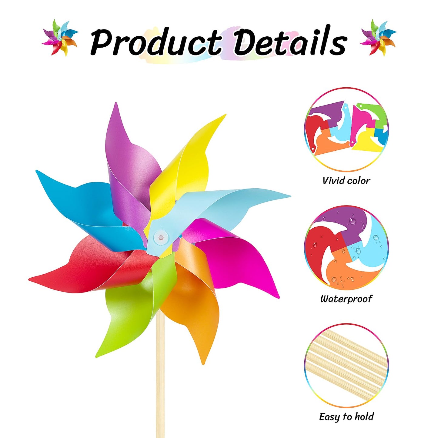 HOOSUN 12 Pack Rainbow Pinwheels for Yard and Garden | Colorful Outdoor Wind Spinners & Party Favors