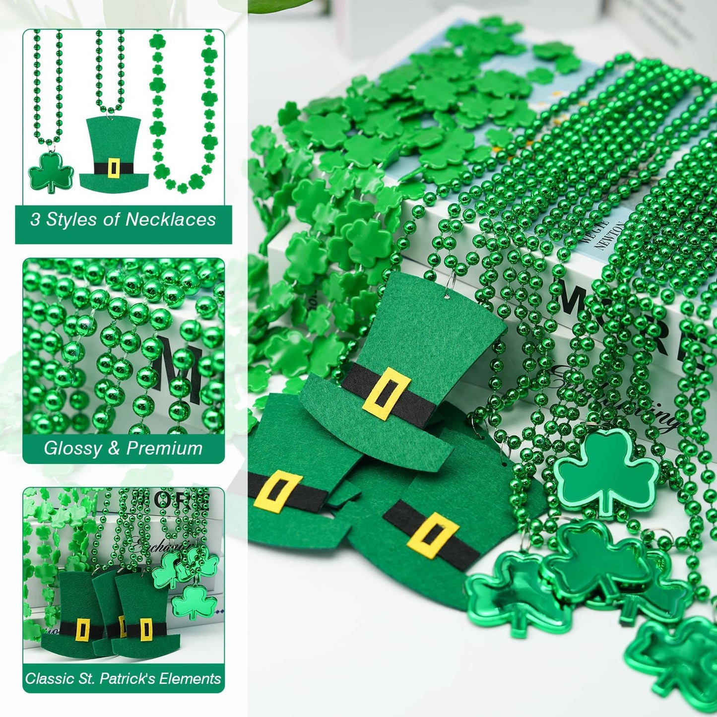 HOOSUN 15 Pack St Patrick's Day Beads Necklaces – Shamrock & Hat Styles